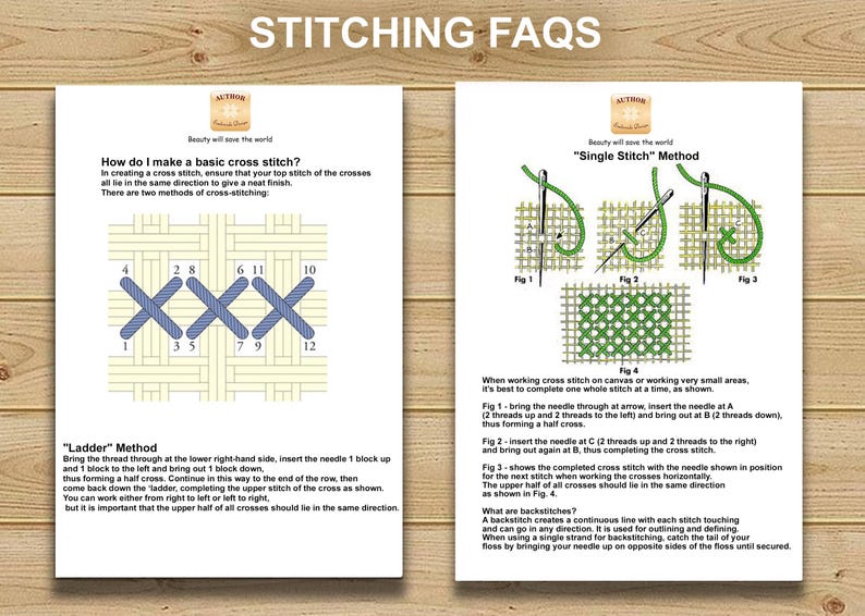 May include: Two white pages with cross-stitch instructions. The top of the pages reads "STITCHING FAQS". One page shows the "Ladder" method, and the other shows the "Single Stitch" method. Diagrams and text explain the techniques.