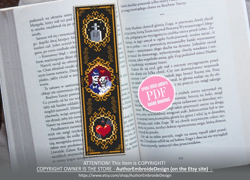 May include: A black and gold cross stitch bookmark featuring a couple of skeletons in a wedding dress and suit, a tombstone with a RIP inscription, and a red heart. The bookmark has a pink label that says "Cross Stitch Pattern PDF Instant Download".