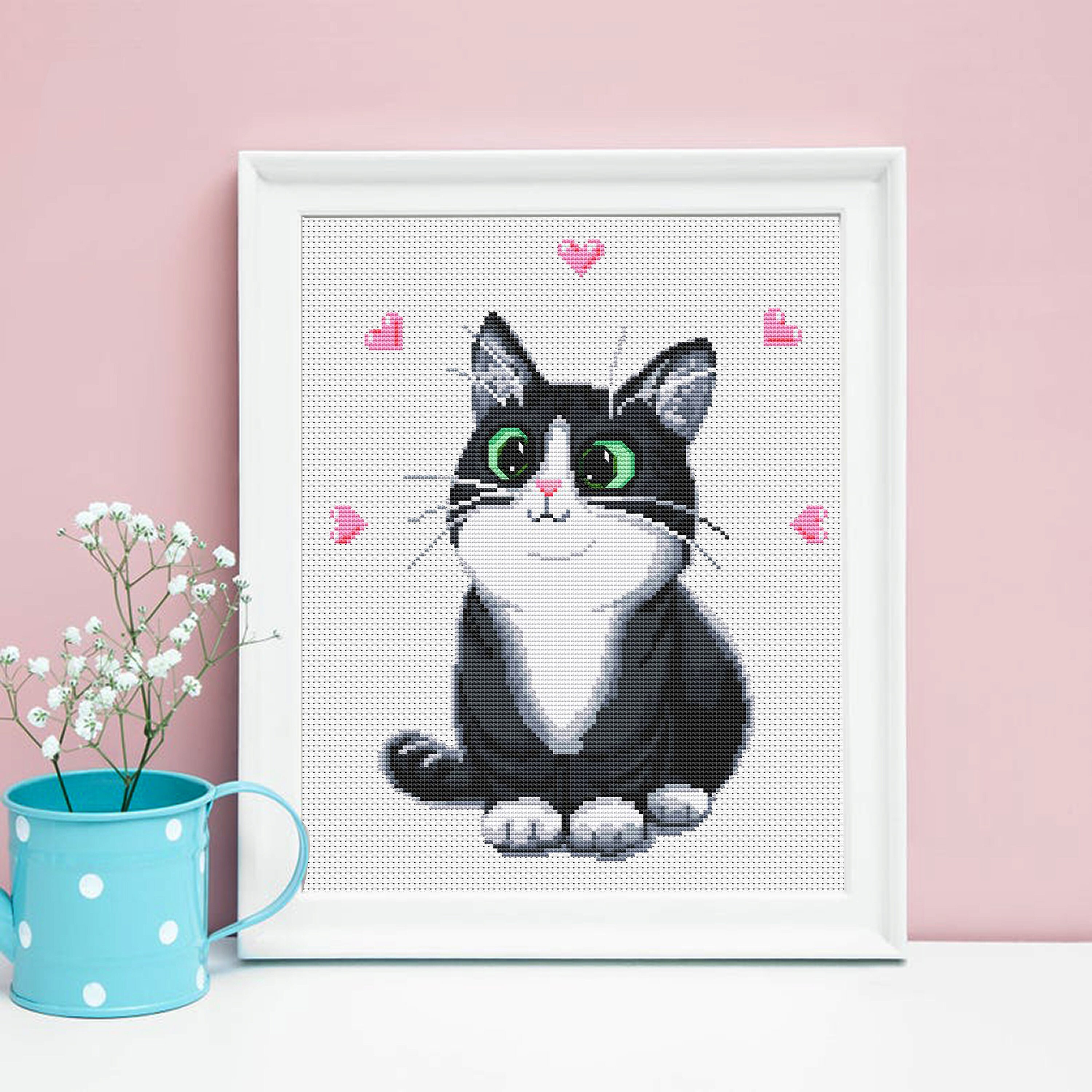 Kit Broderie Point De Croix Chat Noir Et Blanc Wingkin 11CT 40x50cm - Toile Pré-Imprimée Débutant