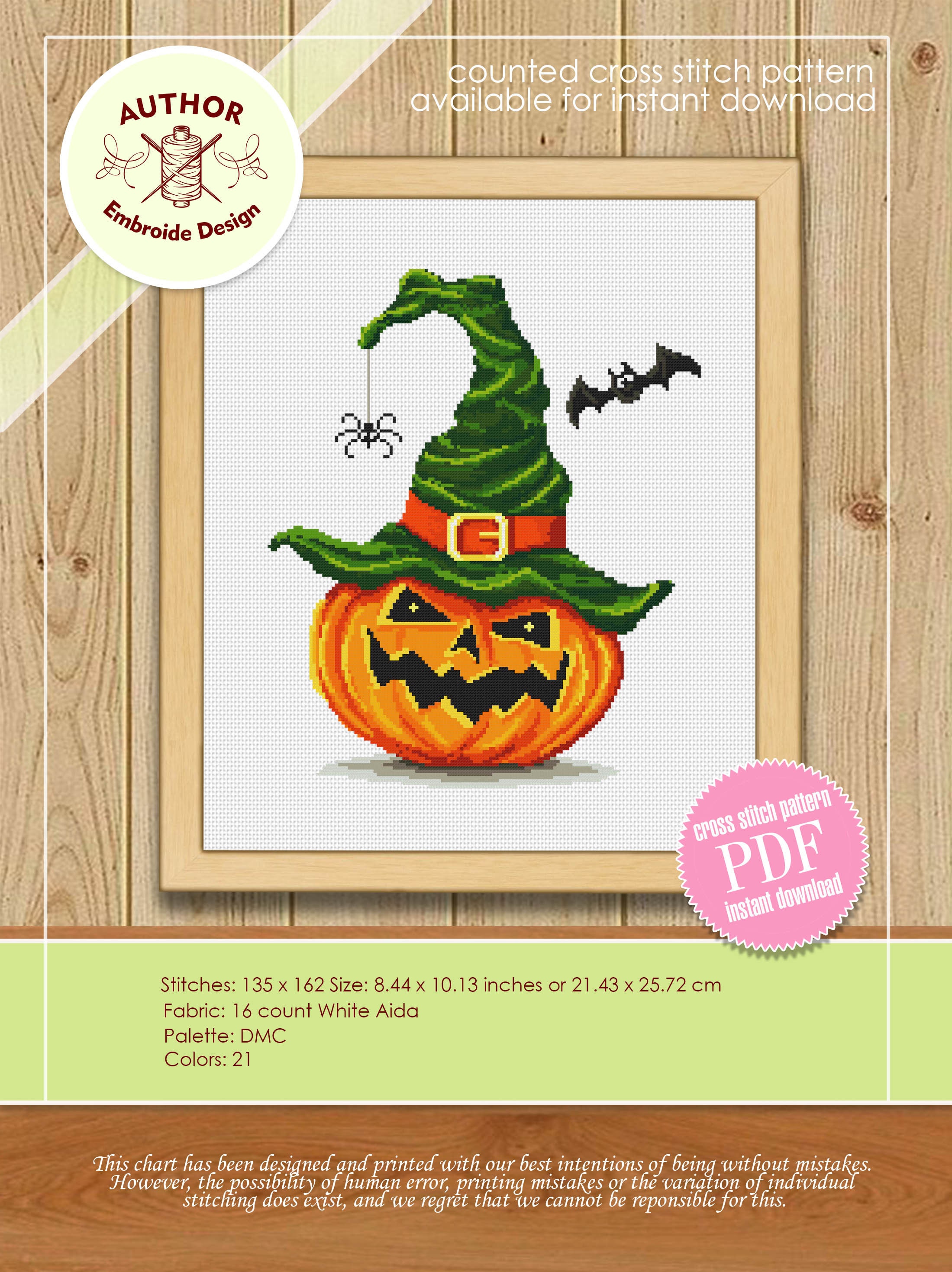 Halloween Pumpkin Cross Stitch Pattern PDF Download Witch Hat Cross ...