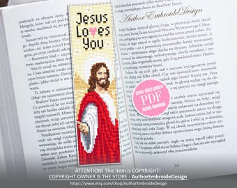 Marque-page chrétien modèle point de croix à télécharger au format PDF Jésus t'aime, grille de point de croix Jésus-Christ, modèle numérique de signet bible #B573