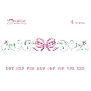 May include: Machine embroidery design of a pink bow with green leafy swirls on either side. The design is available in four sizes and in the following formats: DST, EXP, PES, HUS, JEF, VIP, VP3, XXX.