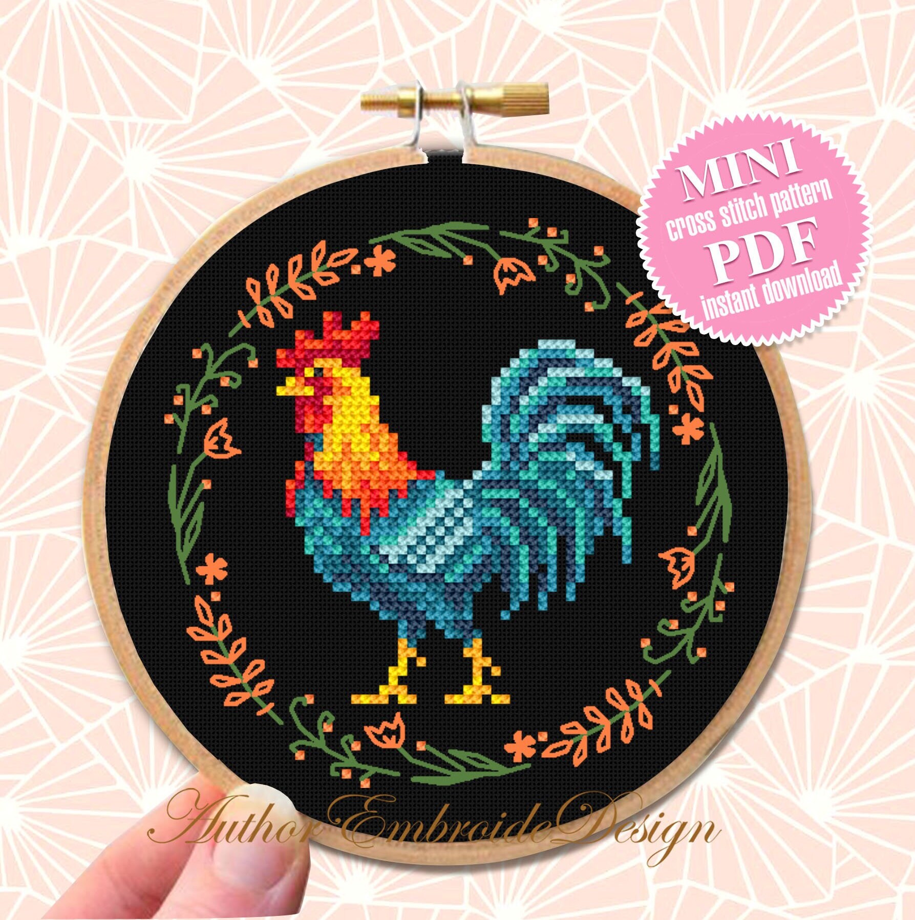 Fiche PDF de broderie au point compté avec des poules Anis et Bergamote