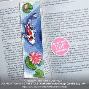 Bookmark cross stitch pattern download PDF Cute Handmade bookmark digital PDF Koi pond cross stitch Japanese koi fish Nature lover gift #B77