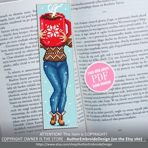 Bookmark cross stitch pattern PDF Winter coffee mug cross stitch, Holiday handmade bookmark, Girl cross stitch Instant download PDF #B99