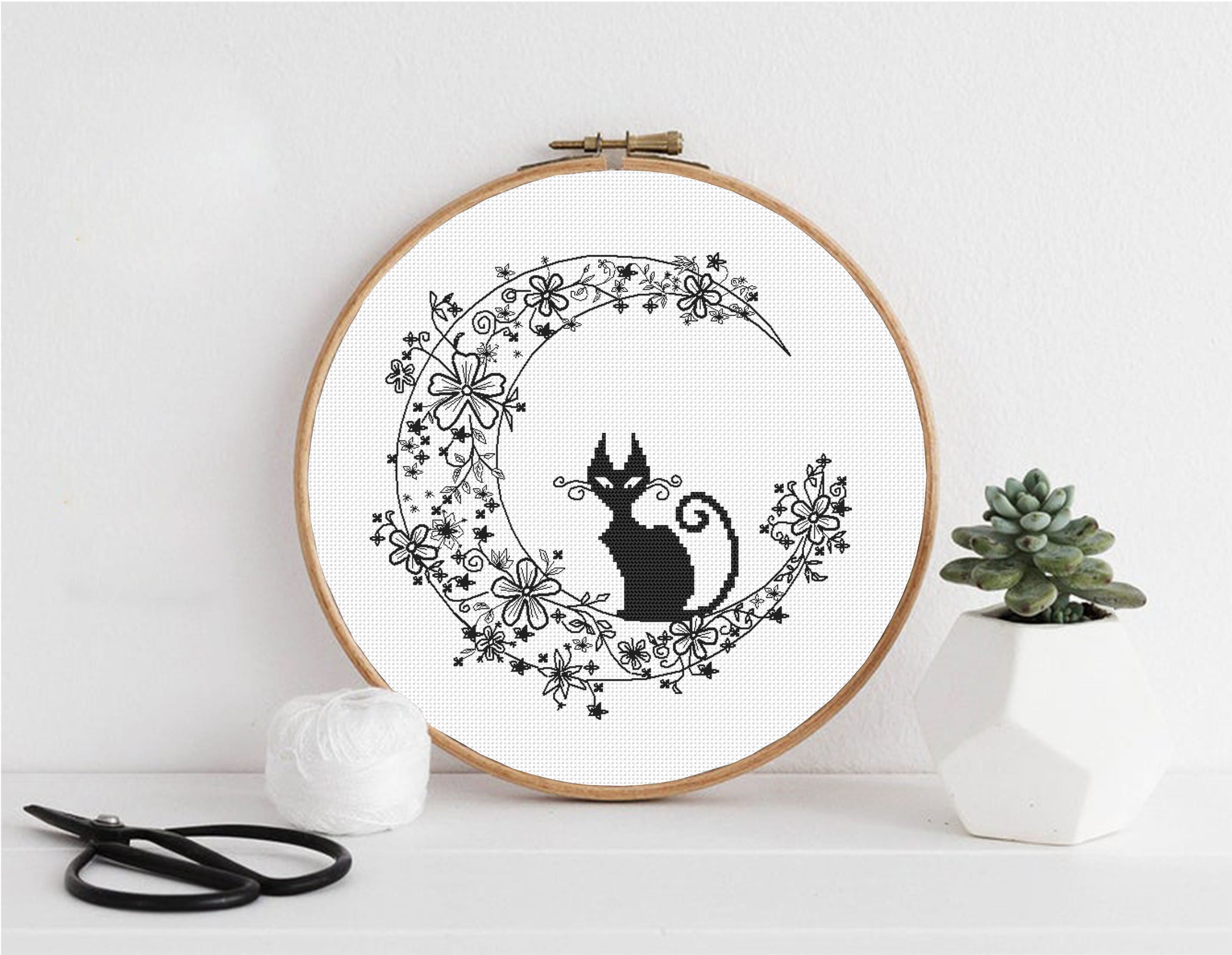 Cat Blackwork Pattern PDF Crescent Moon Backstitch Chart