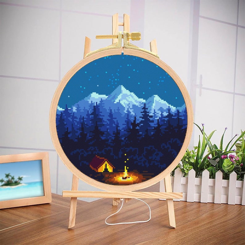 Nature cross stitch pattern download PDF Mountain landscape cross stitch Camping tent xstitch chart Night nature PDF Travel home decor L43 image 5