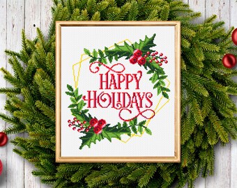 Christmas Holly Berry Wreath Cross Stitch Pattern PDF Happy