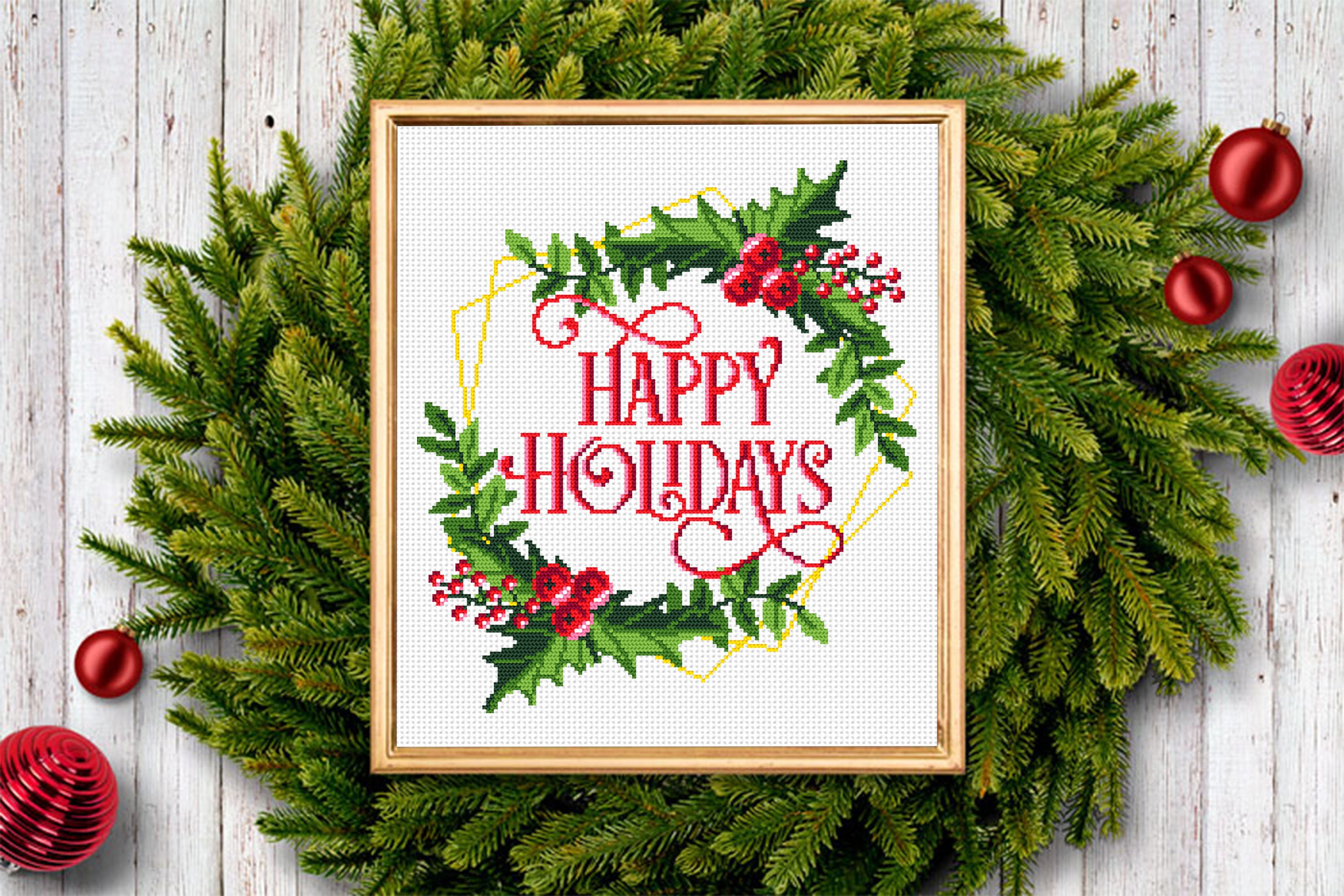 Christmas Holly Berry Wreath Cross Stitch Pattern PDF Happy