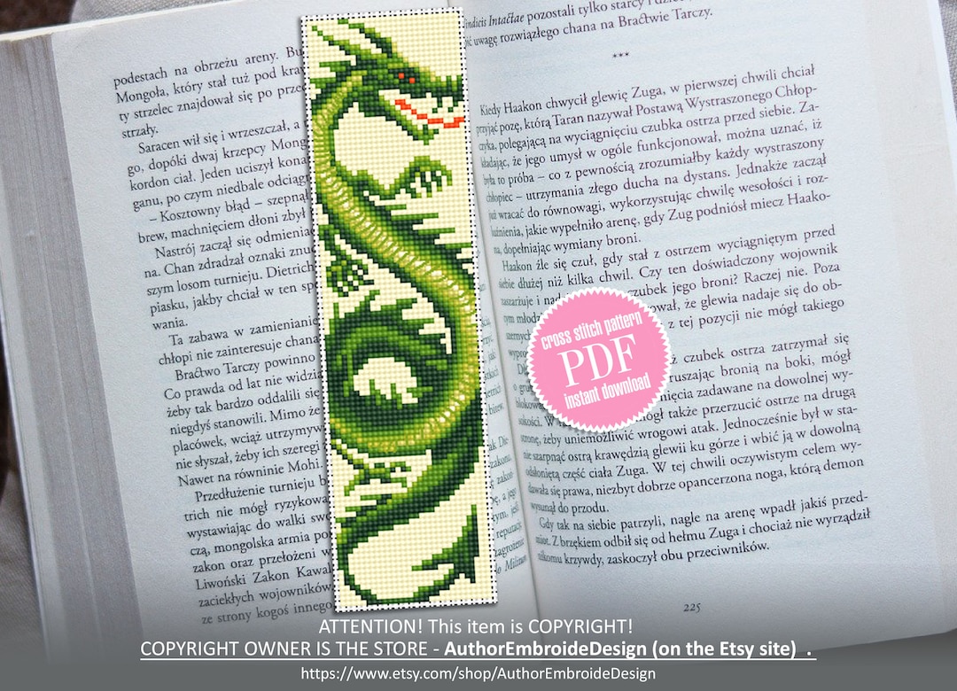 Dragon Bookmark Cross Stitch Pattern PDF Download Fantasy Green Dragon