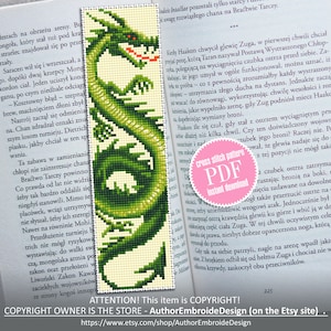 Dragon bookmark cross stitch pattern PDF download Fantasy green dragon cross stitch chart, Chinese dragon pattern, Chinese New Year #B210