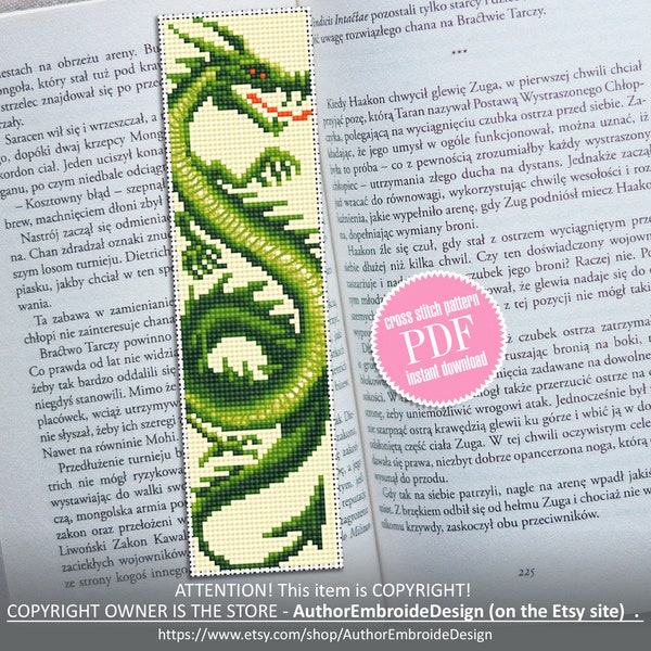 Dragon bookmark cross stitch pattern PDF download Fantasy green dragon cross stitch chart, Chinese dragon pattern, Chinese New Year #B210