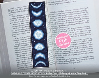 Moon bookmark cross stitch pattern download PDF, Handmade bookmark embroidery PDF, Moon phases cross stitch chart, Starry night sky #B83