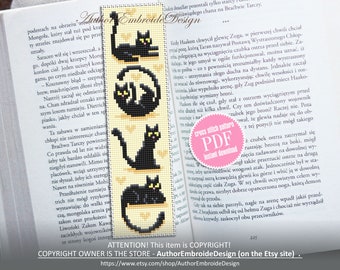 Cat bookmark cross stitch pattern download PDF Love cats cross stitch chart, Funny bookmark digital pattern PDF, Black cat embroidery #B320