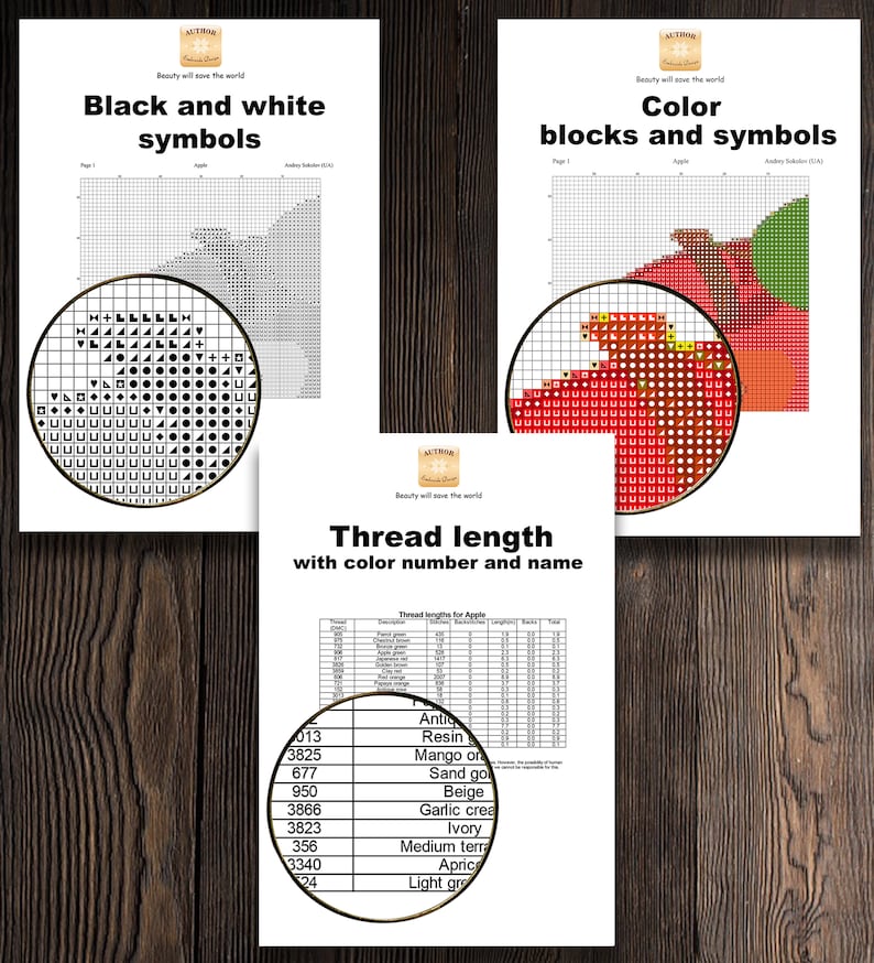 May include: A cross-stitch pattern for an apple with black and white symbols, color blocks and symbols, and a thread length chart with color numbers and names.