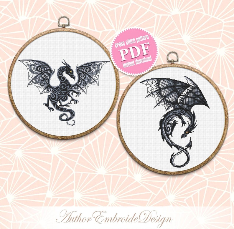 Dragon set cross stitch pattern download PDF Fantasy animal cross stitch chart, Dragon embroidery PDF, Blackwork patterns, Dragon art D13 image 1