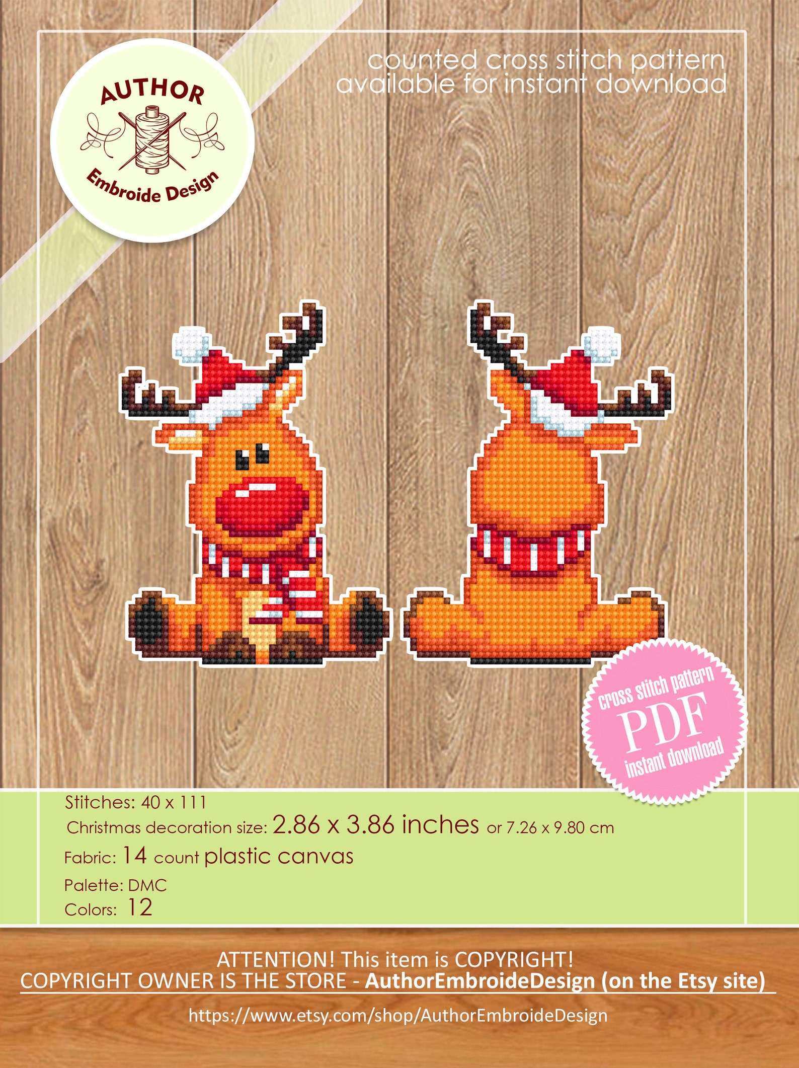 Christmas Reindeer Cross Stitch Pattern PDF Download Double-sided ...