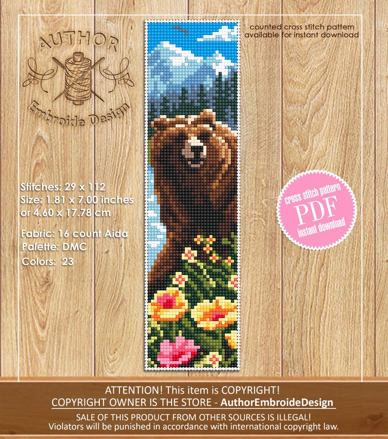 May include: A cross-stitch pattern featuring a brown bear in a mountain landscape with colorful flowers. The design measures 1.81 x 7.00 inches. The text includes "counted cross stitch pattern" and "PDF instant download".