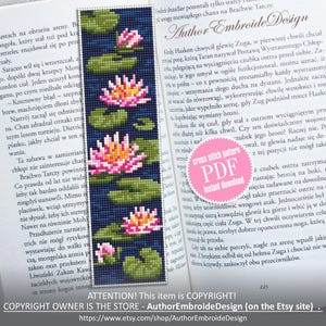 Lotus flower bookmark cross stitch pattern PDF download Water lily cross stitch chart Floral bookmark pattern digital PDF for beginner #B471