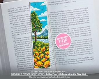 Nature bookmark cross stitch pattern download PDF Modern handmade bookmark digital PDF, Nature landscape cross stitch, Yellow flowers #B120