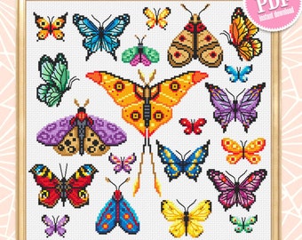 Butterfly cross stitch pattern PDF download, Sampler Butterflies cross stitch chart, Small moth cross stitch, Simple butterfly ornament #K35
