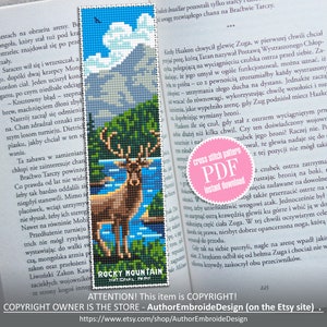 Rocky mountain national park bookmark cross stitch pattern PDF instant download Nature cross stitch chart, Deer embroidery PDF #B189