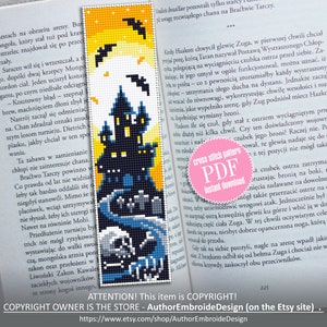 Halloween bookmark cross stitch pattern PDF download Spooky Haunted house cross stitch chart, Handmade bookmark pattern digital PDF #B43