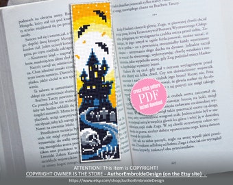 Halloween bookmark cross stitch pattern PDF download Spooky Haunted house cross stitch chart, Handmade bookmark pattern digital PDF #B43