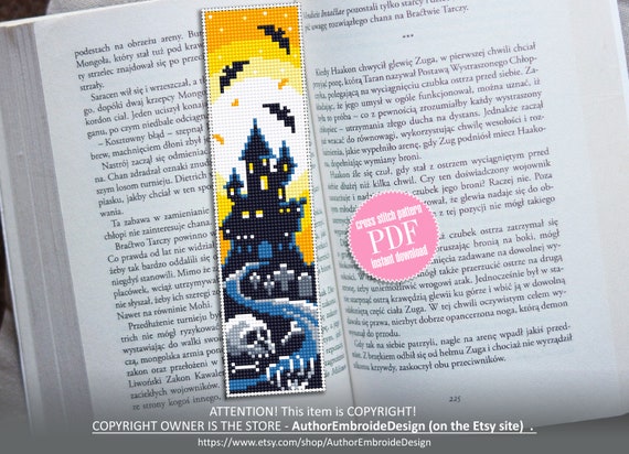 Halloween bookmark cross stitch pattern PDF download Spooky Haunted house cross stitch chart, Handmade bookmark pattern digital PDF #B43