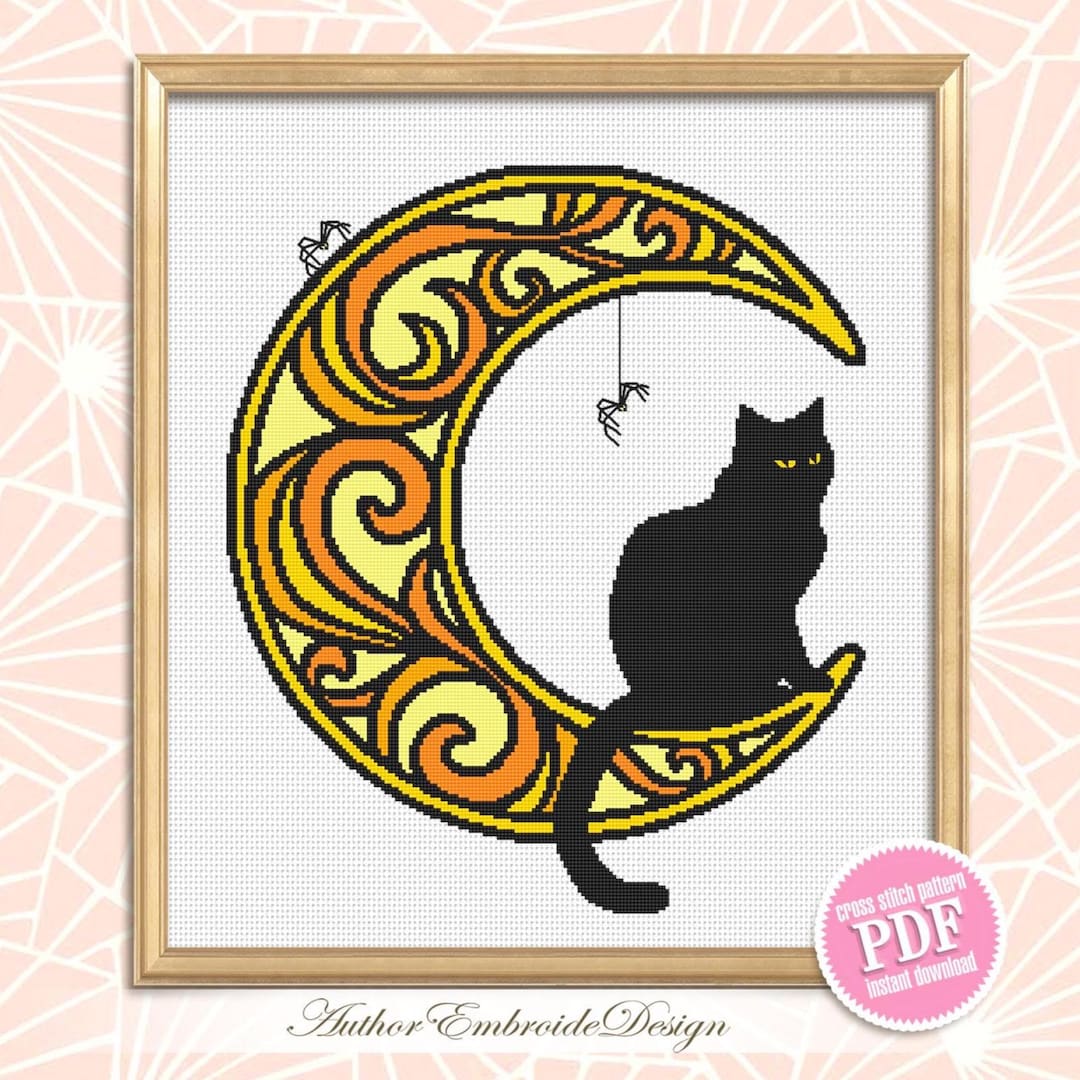 Black Cat on Moon Cross Stitch Pattern PDF, Halloween Crescent Moon ...