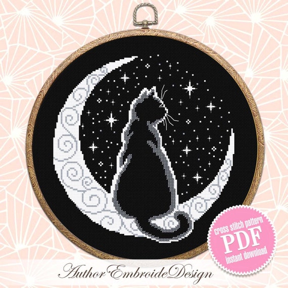 Cat Moon Cross Stitch Pattern PDF Download Silhouette Cat Cross