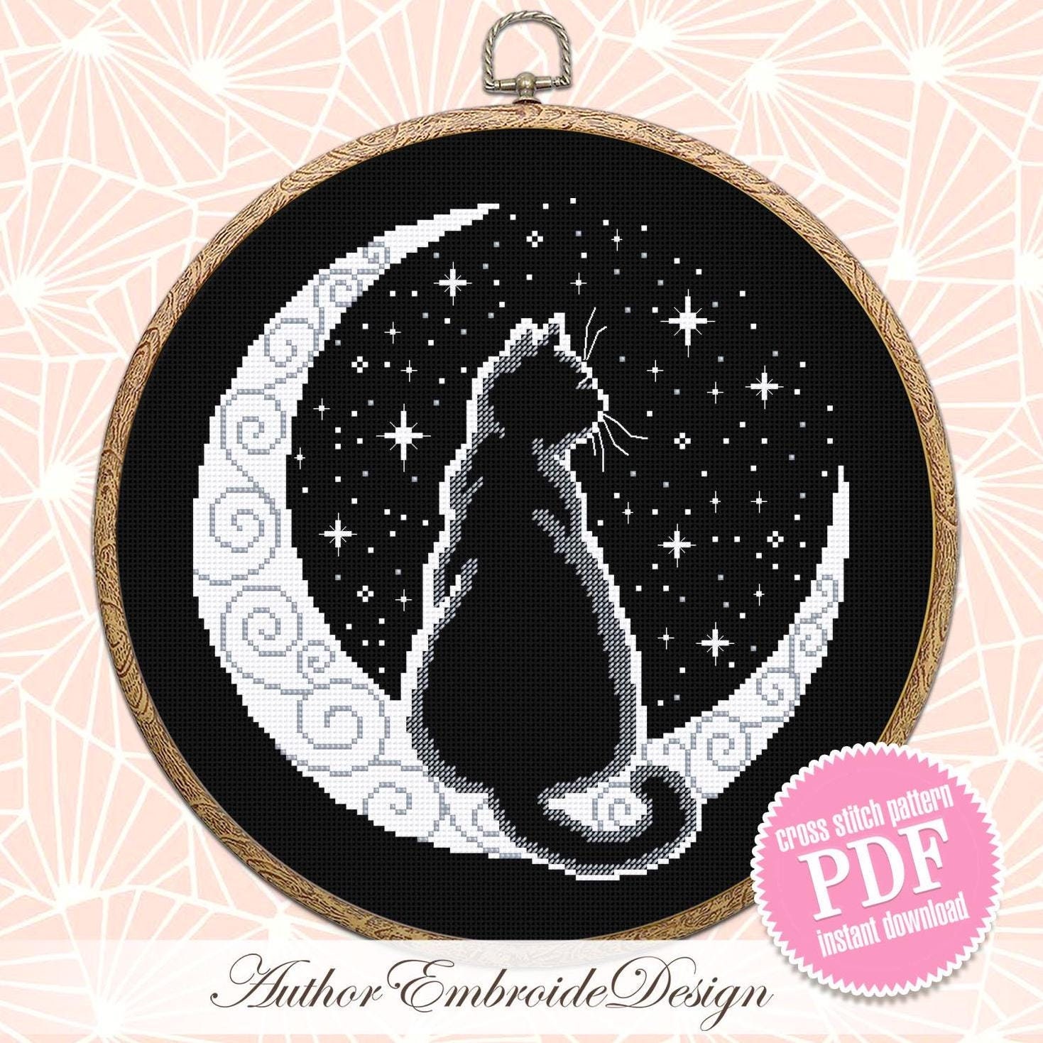 Cat Moon Cross Stitch Pattern PDF Download Silhouette Cat Cross