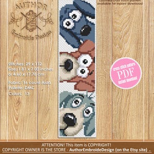 May include: A cross-stitch pattern with three cartoon dog faces in blue, brown, and teal. The design is vertical, with each dog's face stacked on top of the other. The pattern is 4.60 x 17.78 cm and available for instant download.