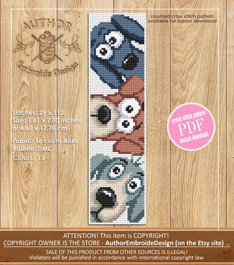 May include: A cross-stitch pattern with three cartoon dog faces in blue, brown, and teal. The design is vertical, with each dog's face stacked on top of the other. The pattern is 4.60 x 17.78 cm and available for instant download.