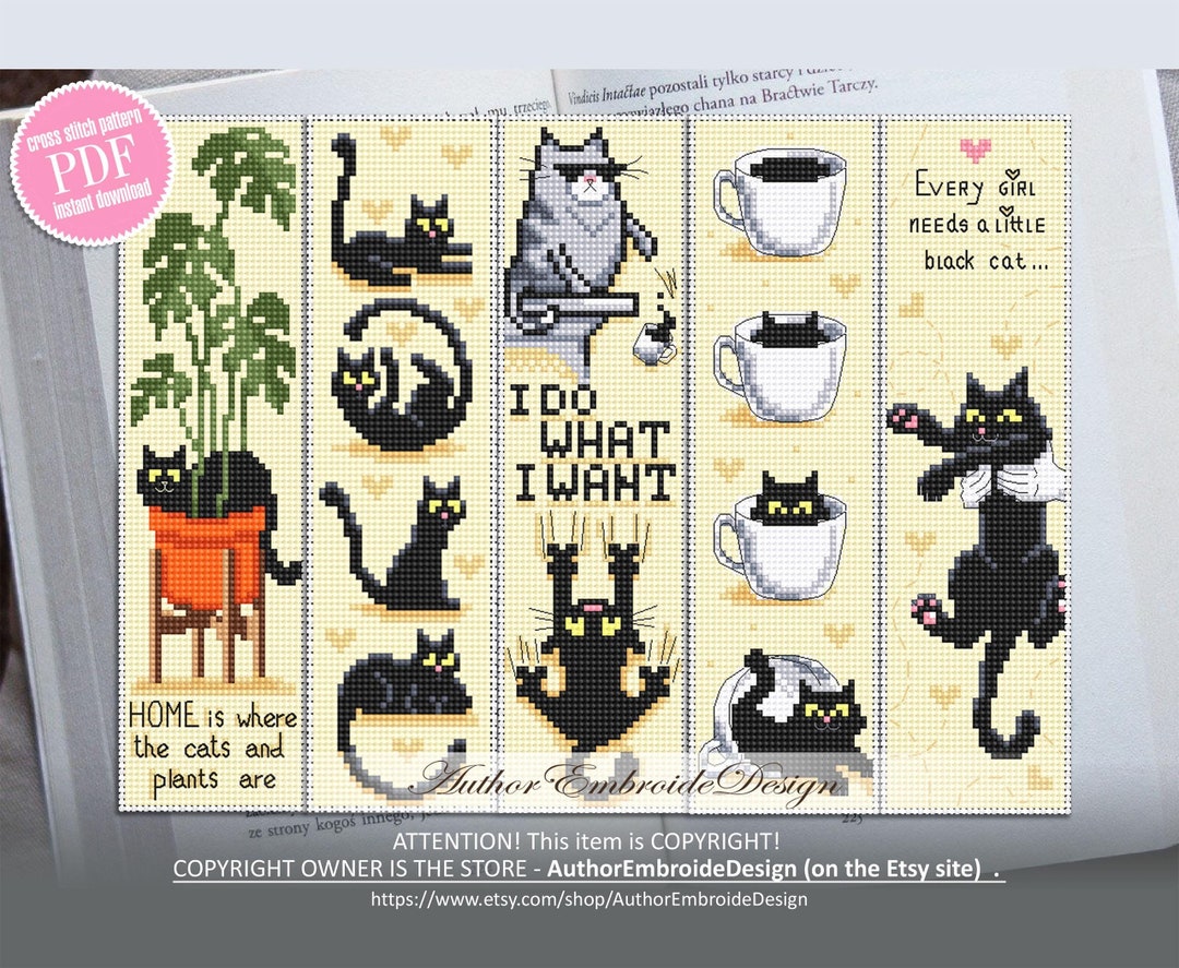 Cat Bookmark Set Cross Stitch Pattern Download PDF Black Cat Cross ...
