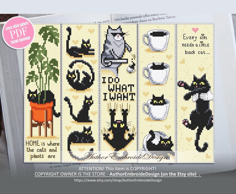 Cat Bookmark Set Cross Stitch Pattern Download PDF Black Cat Cross ...