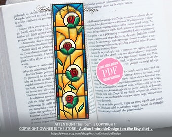 Stained glass bookmark cross stitch pattern PDF download Stained glass flower cross stitch chart, Modern bookmark pattern digital PDF #B295