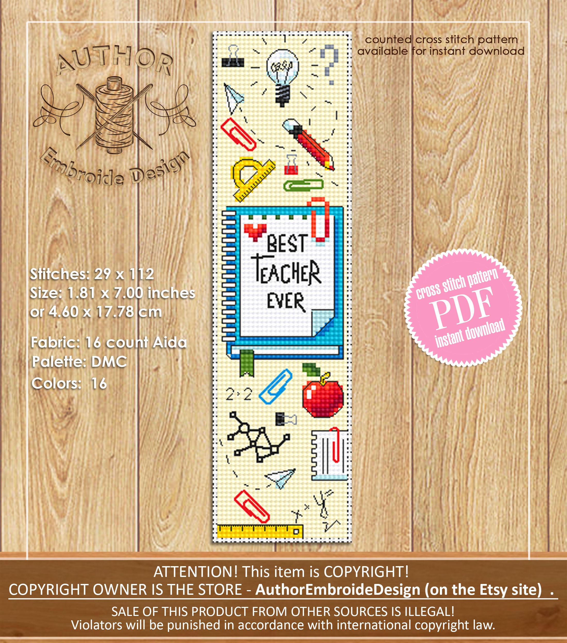 Teacher Bookmark Cross Stitch Pattern PDF Download Best Teacher Ever ...