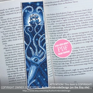 Kraken bookmark cross stitch pattern download PDF, Ocean handmade bookmark digital, Sea monster cross stitch, Under the sea embroidery #B85