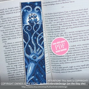 May include: A blue and white cross stitch pattern of a kraken with a ship in its tentacles. The pattern is on a white background with a pink circle that says "Cross Stitch Pattern PDF Instant Download".