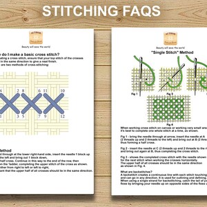 Puede incluir: Dos p&aacute;ginas blancas con instrucciones de punto de cruz. La p&aacute;gina izquierda muestra el m&eacute;todo "Ladder" con pasos numerados y diagramas. La p&aacute;gina derecha detalla el m&eacute;todo "Single Stitch" con diagramas y explicaciones. El t&iacute;tulo "STITCHING FAQS" est&aacute; en la parte superior.