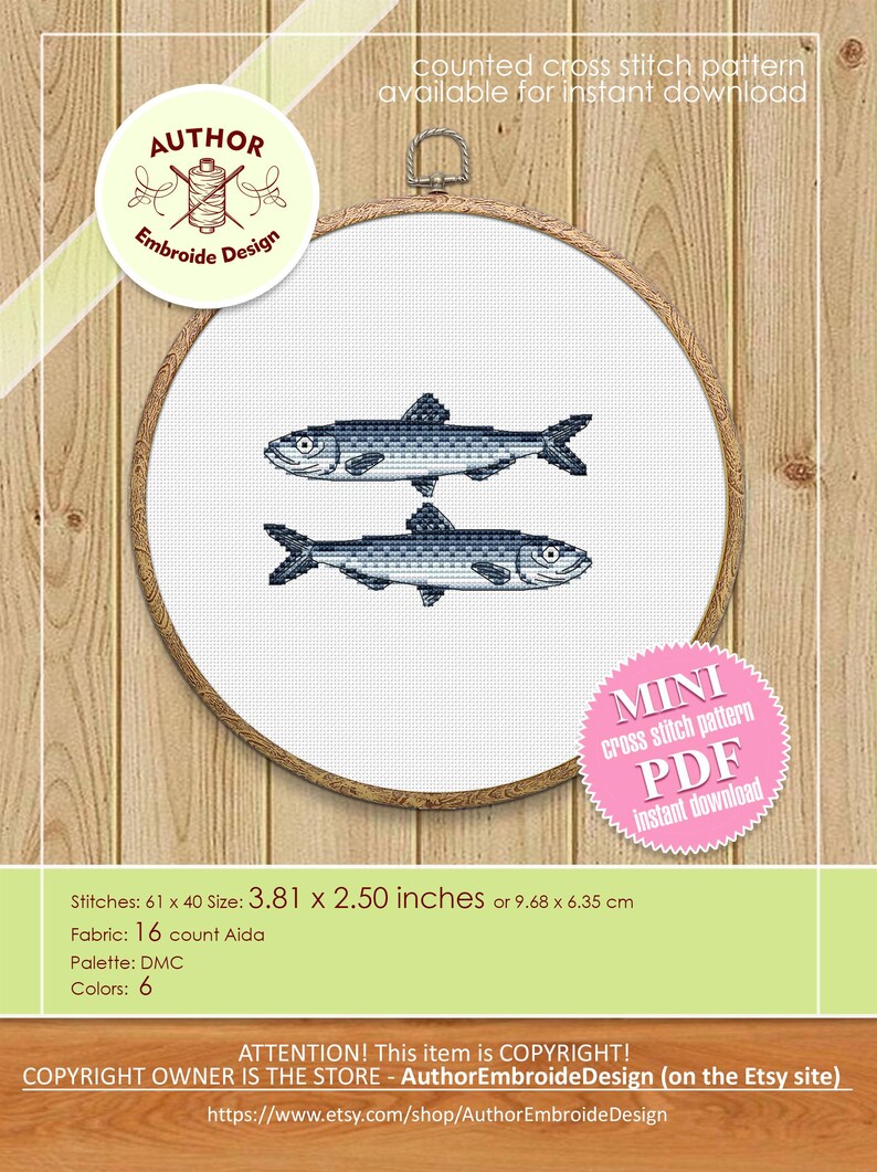 May include: A counted cross stitch pattern of two blue fish on a white background. The pattern is available for instant download as a PDF file. The finished size is 3.81 x 2.50 inches.
