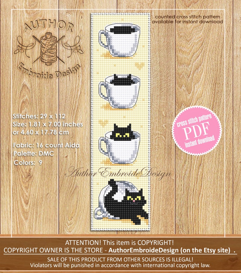 Puede incluir: Patr&oacute;n de punto de cruz PDF para un dise&ntilde;o de tres gatos negros asom&aacute;ndose de tazas de t&eacute; blancas. El patr&oacute;n est&aacute; disponible para descarga instant&aacute;nea. El dise&ntilde;o se llama "Author Embroide Design".