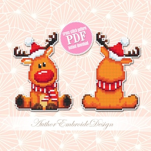 Christmas reindeer cross stitch pattern PDF download Double-sided Christmas tree decor for plastic canvas Small deer cross stitch chart #N99