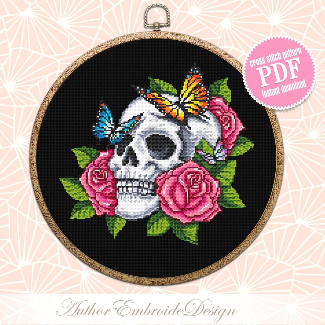 Human Skull With Flowers Cross Stitch Pattern PDF Download Gothic Cross ...