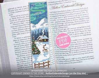 Marque-page de Noël au point de croix en téléchargement PDF Grille de point de croix maison d'hiver, modèle de marque-page de Noël numérique PDF #B519