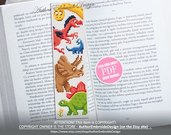 May include: A cross stitch pattern bookmark featuring a colourful illustration of four dinosaurs. The bookmark is printed on a white background with a pink circle that says "cross stitch pattern PDF instant download".