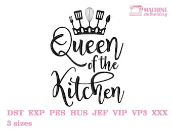 Reina de la máquina de cocina bordado diseño 3 tamaños, Citas divertidas de bordado de cocina, Archivos de bordado de cocina, Diseño Chef Apron #R7