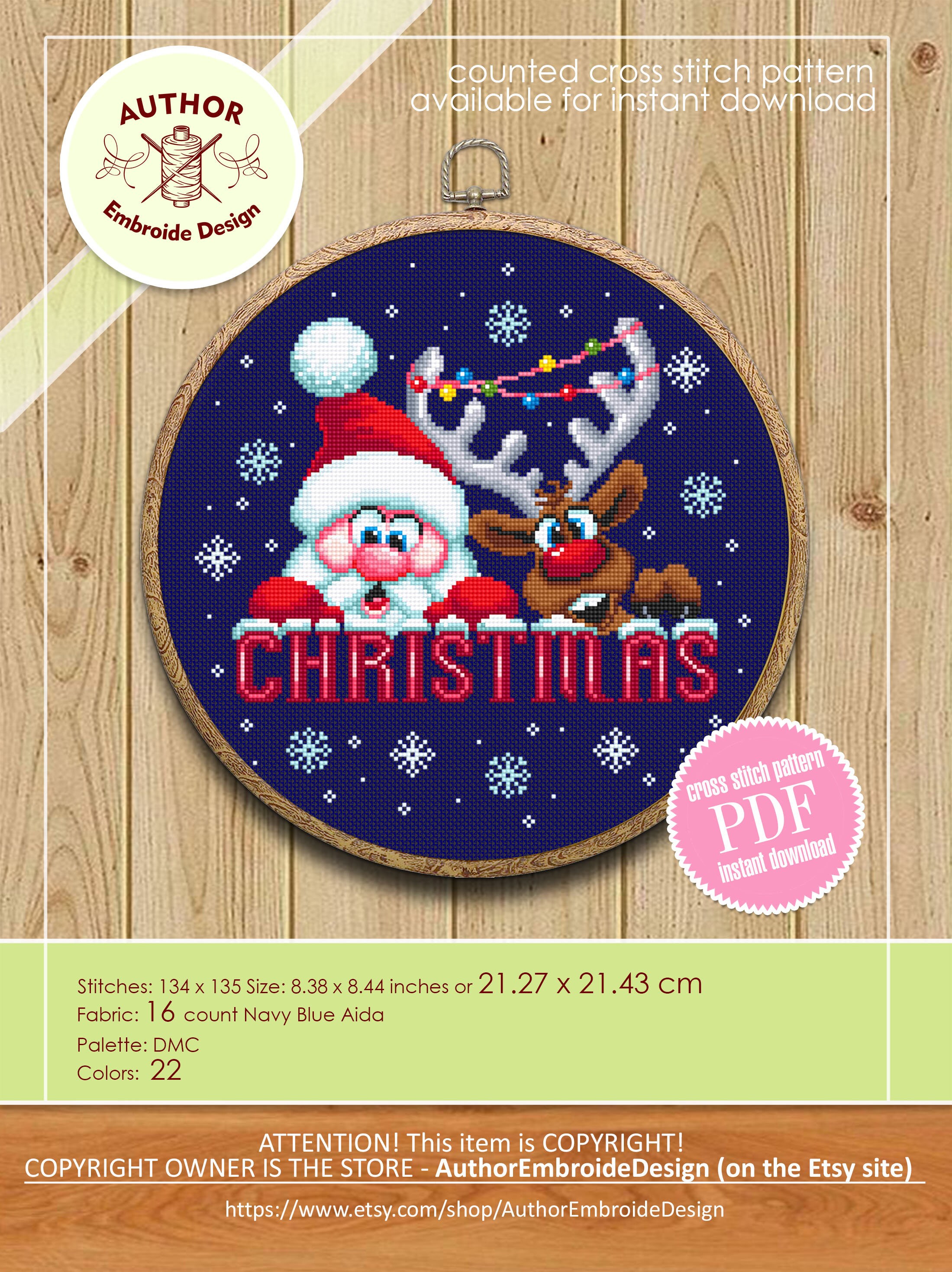 Christmas Santa and Reindeer Cross Stitch Pattern Download PDF Funny ...