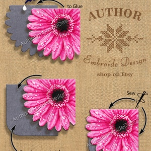 Puede incluir: Un tutorial de punto de cruz con un dise&ntilde;o de margarita gerbera rosa brillante. La imagen muestra c&oacute;mo pegar el punto de cruz a un respaldo de fieltro gris y c&oacute;mo coserlo. El texto dice "Author Embroide Design shop on Etsy."